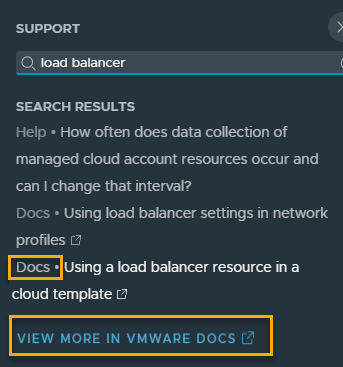 Exemplo do painel de suporte com "Docs" e o link "Exibir Mais no VMware Docs" realçados.