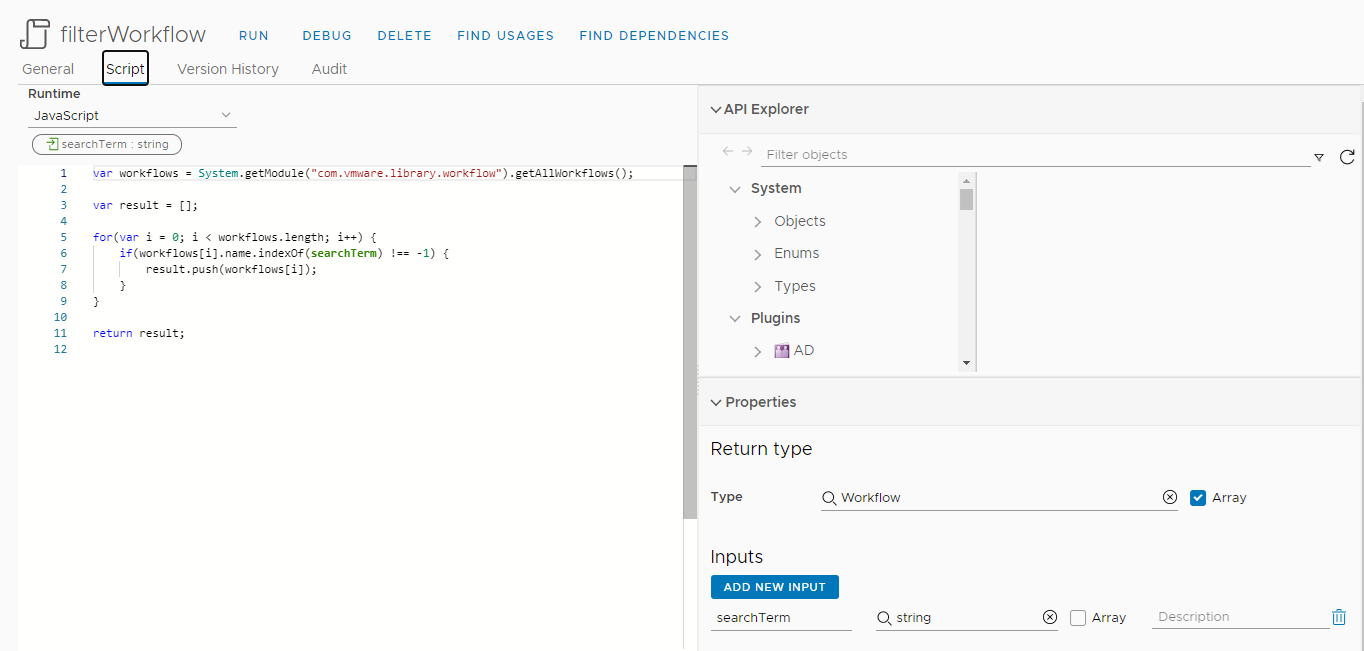 Captura de tela da ação do vRealize Orchestrator com o script de amostra da etapa anterior e a configuração da propriedade fornecida nesta etapa.