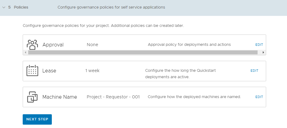 Configure um projeto e políticas.