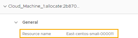 Os detalhes da implantação cloud_machine mostrando o nome do recurso como East-centos-small-000011.