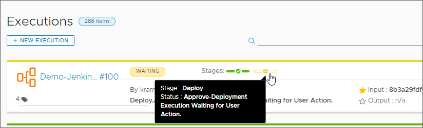 Um pipeline que foi executado e está aguardando aprovação exibe o status de espera próximo a Estágios.