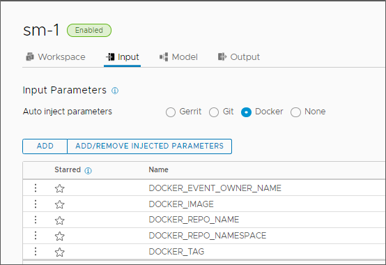 Ao adicionar parâmetros de entrada a um pipeline, você clica na guia Entrada e seleciona o tipo de parâmetro, como Gerrit, Git ou Docker.