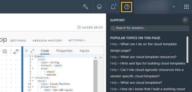 Exemplo do painel de suporte com uma lista de tópicos relacionados à página atual na interface do usuário.