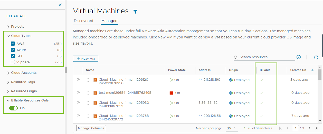 Lista de VMs de Nuvem Pública com apenas o filtro Recursos Faturáveis aplicado.