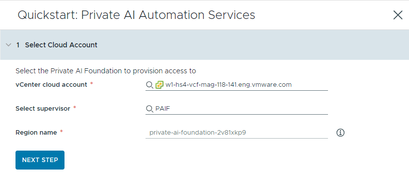 A etapa 1 do Assistente de Configuração do Catálogo é selecionar uma conta de nuvem.