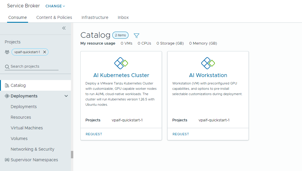 Visualização da página Catálogo do Service Broker com os dois itens de catálogo do Private AI Foundation.