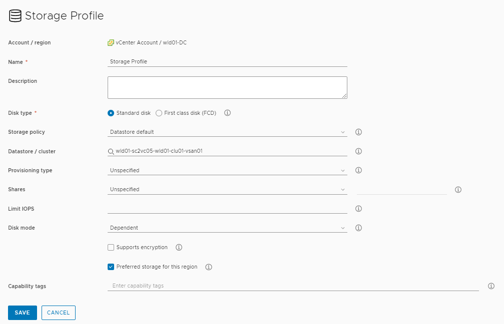 A página de configuração Perfil de Armazenamento com valores selecionados.