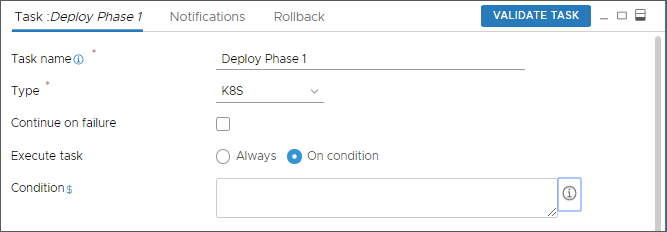 A configuração Na Condição está disponível em outros tipos de tarefas.