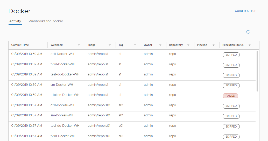 Você pode observar os tempos de confirmação do webhook do Docker, imagens, tags e muito mais na guia Atividade do Docker.