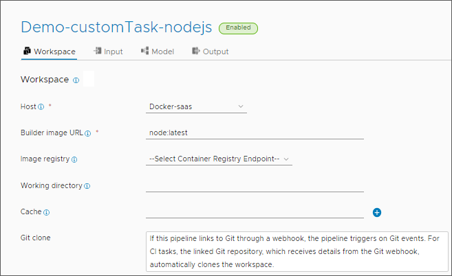 Ao criar uma integração customizada, você inclui o host, a URL da imagem do construtor e o registro da imagem.