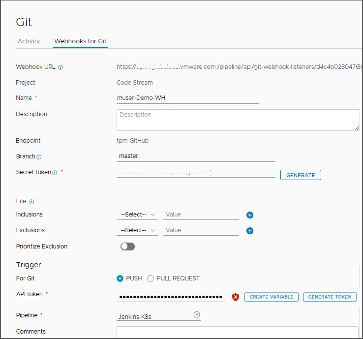 No webook para Git que aciona o pipeline Kubernetes, você deve inserir a ramificação e um token secreto.