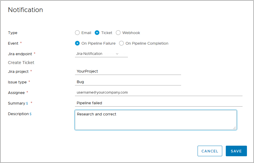 Ao configurar notificações de tíquetes do Jira para falhas de pipeline, você inclui o projeto Jira, o tipo de problema, o responsável e um resumo.