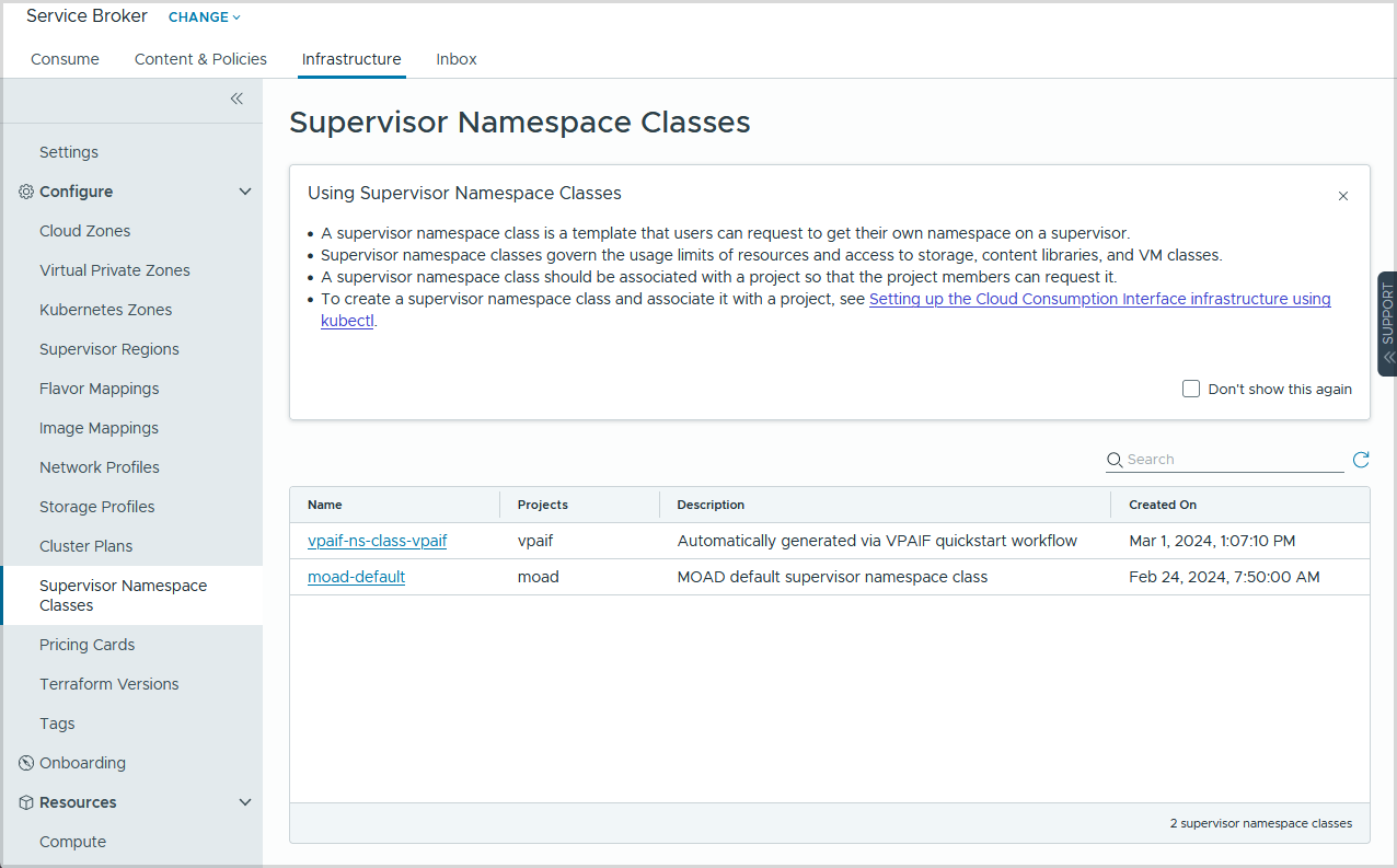 Classes de Namespace de Supervisor na UI do Assembler