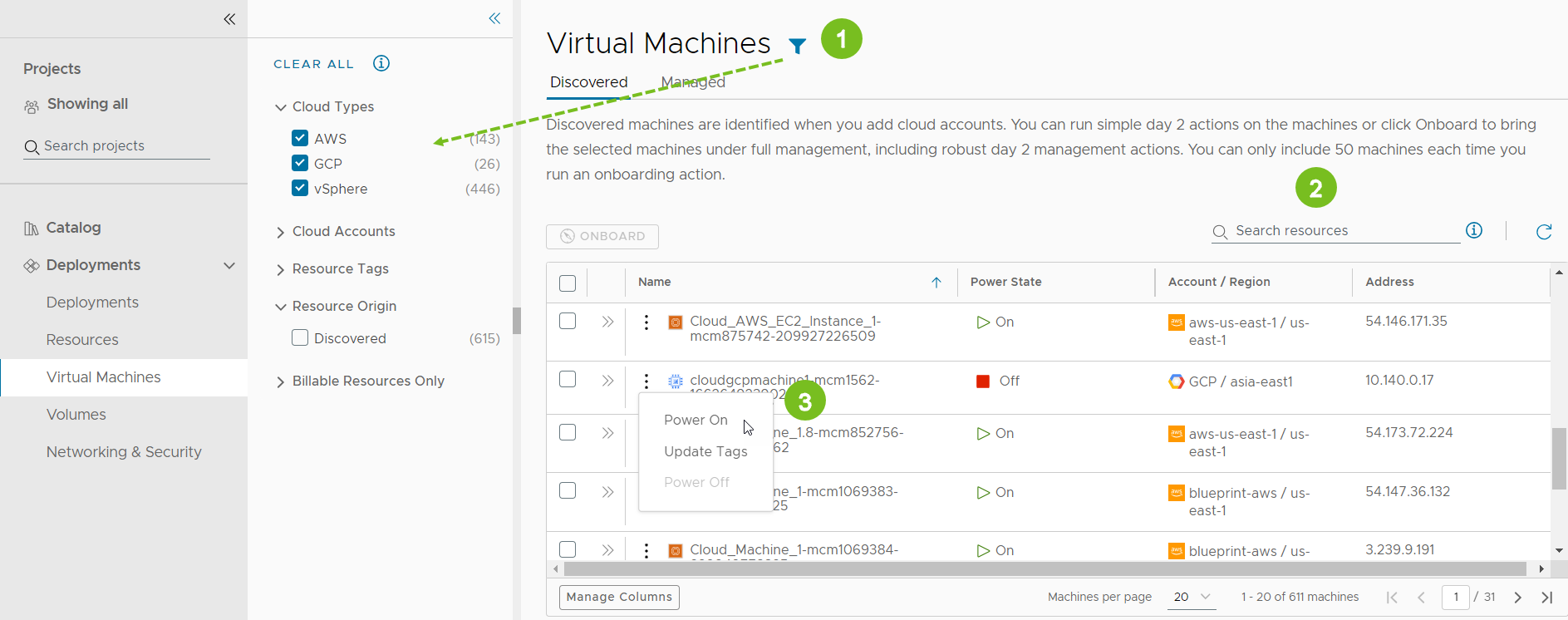 Captura de tela da página de recursos com o menu de ações mostrando as ações disponíveis para execução na máquina selecionada.