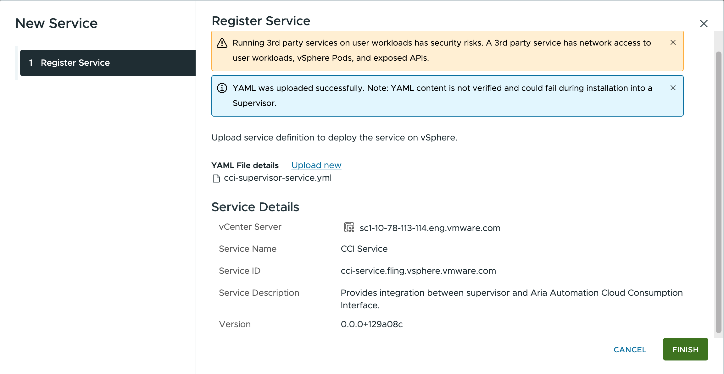 Verificar os detalhes do serviço e concluir o registro do Serviço CCI