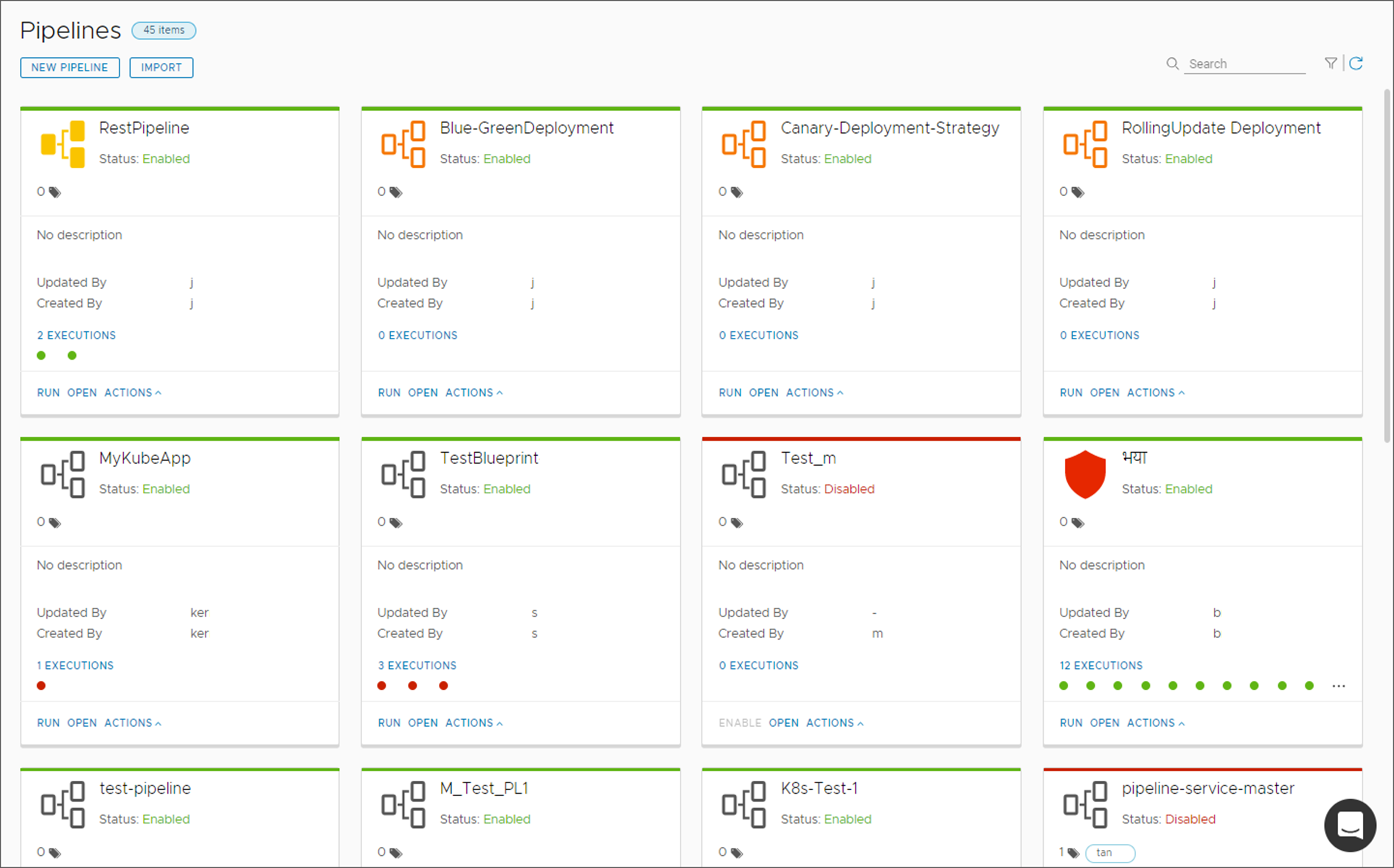 Cartões de pipeline de amostra aparecem no Automation Pipelines com as opções Executar e Abrir e o menu Ações.