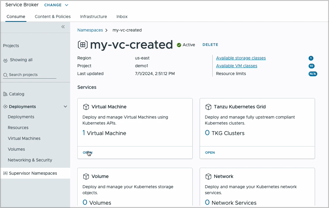 Gerenciar recursos no namespace do vSphere integrado