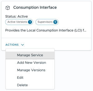 No bloco Consumption Interface, clique em Ações > Gerenciar Serviço.