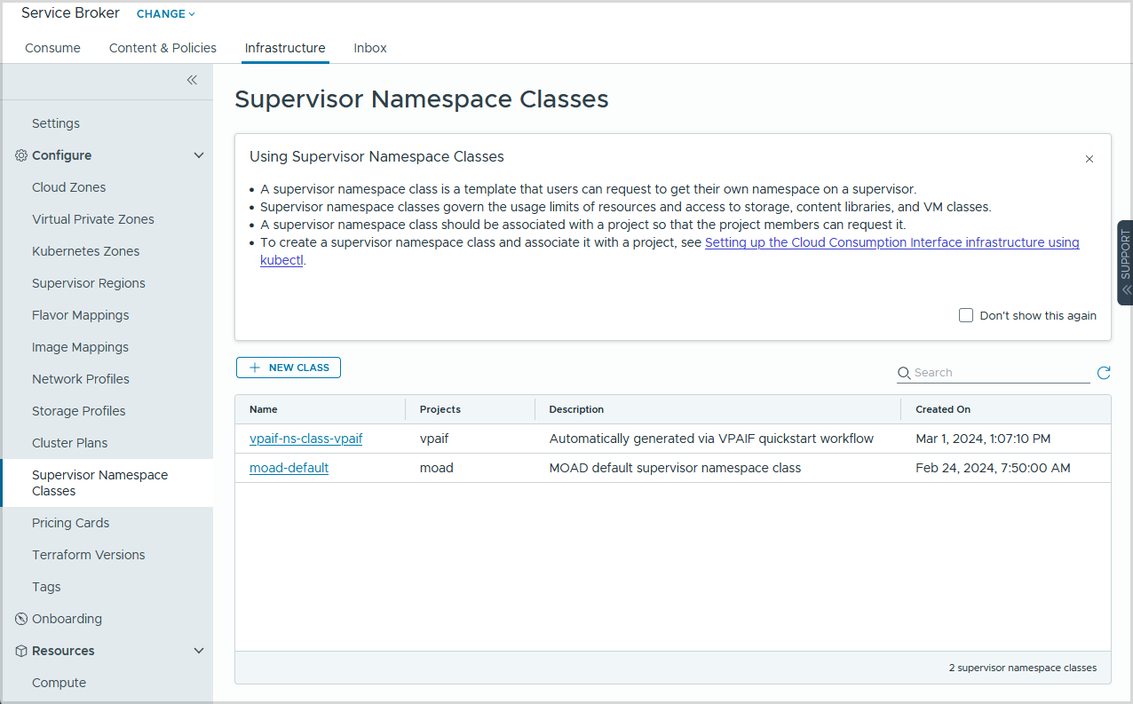 Classes de Namespace de Supervisor na UI do Assembler