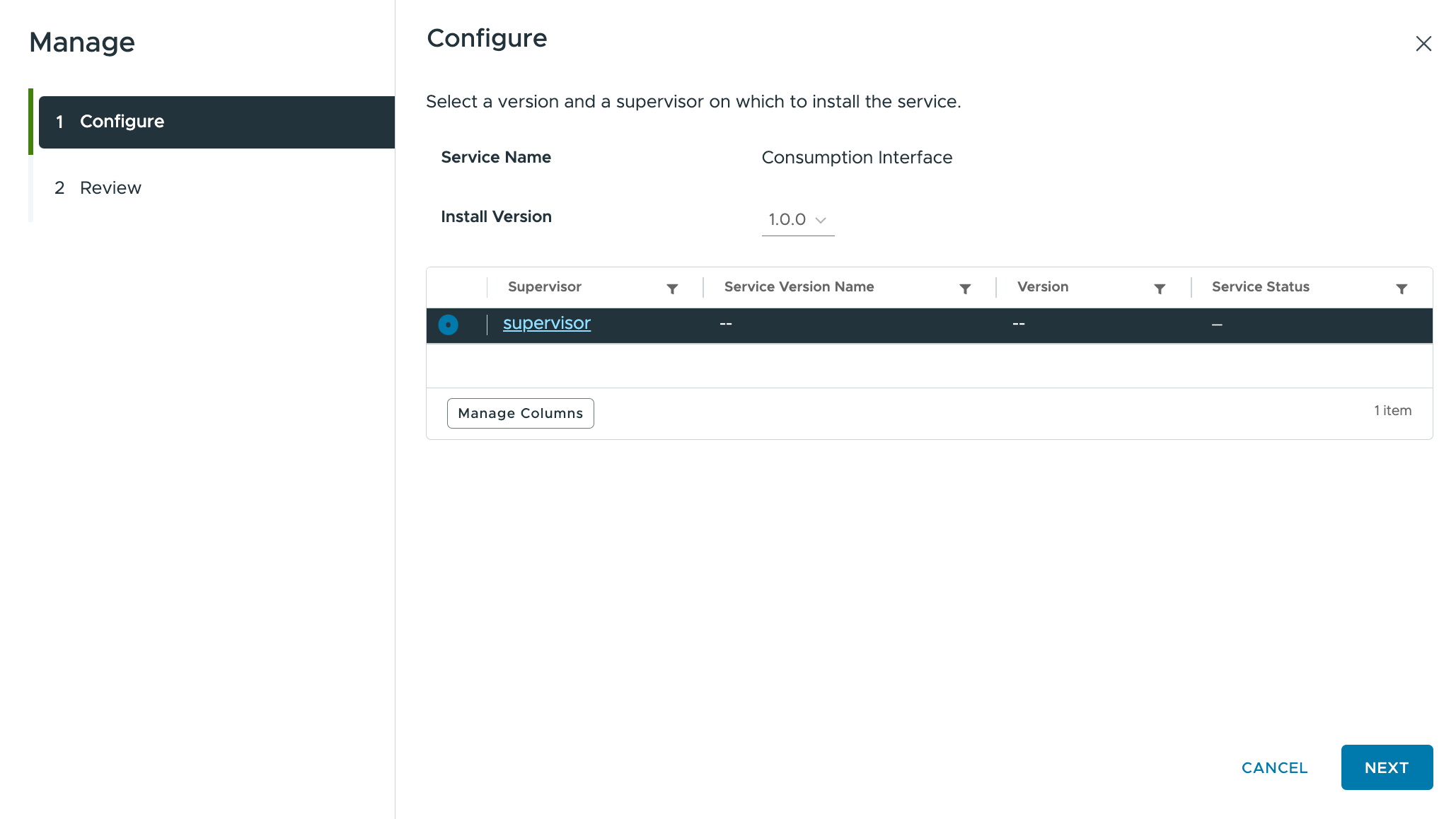 Etapa de configuração - selecionar supervisores para instalar