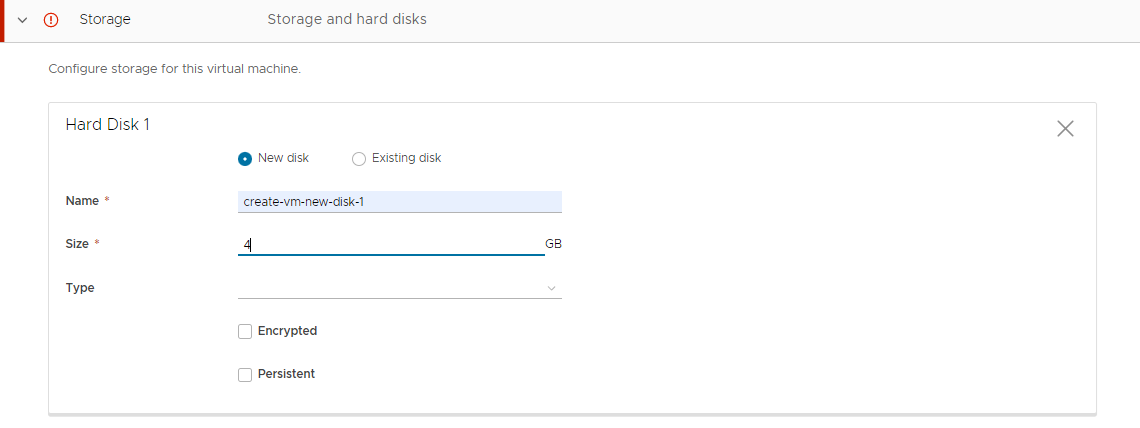 A página de armazenamento mostrando uma nova configuração de disco com nome e tamanho.