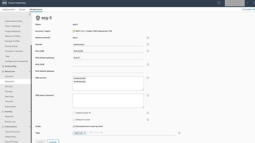 O exemplo de configuração de rede contém configurações de CIDR e DNS