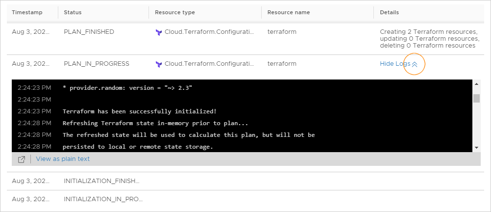 Mensagens da CLI do Terraform no log