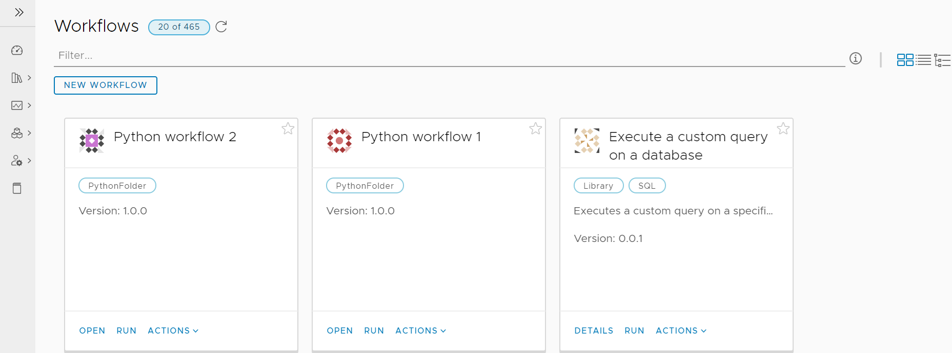 O Cliente do Automation Orchestrator exibe a página Fluxos de Trabalho na Exibição em Cartão.