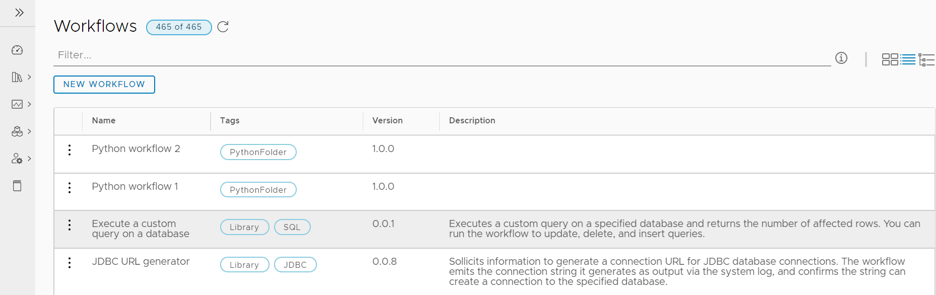 O Cliente do Automation Orchestrator exibe a página Fluxos de Trabalho na exibição em Lista.