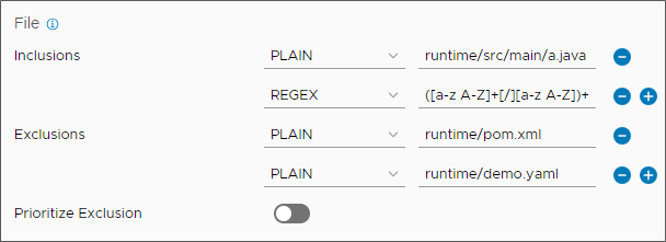 As inclusões e exclusões de arquivos aparecem como pares PLAIN ou pares REGEX com valores.