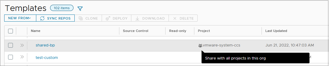 Antes de adicionar um modelo compartilhado como fonte em seu pipeline, verifique se o modelo é compartilhado no Automation Assembler.