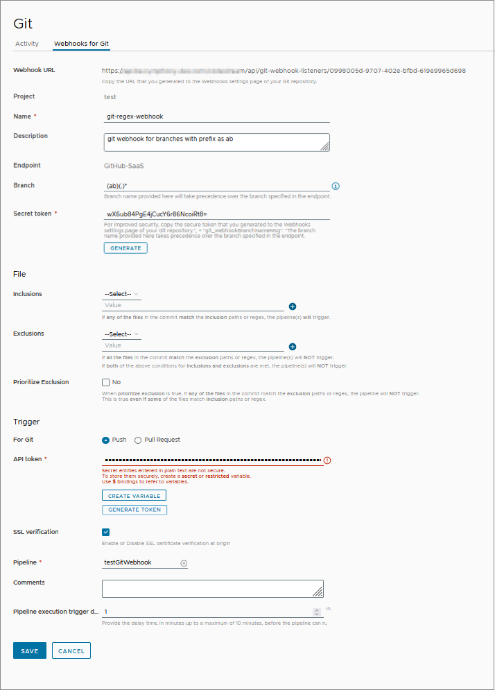 A URL do webhook Git, que você copia e usa no seu repositório Git, aparece na guia Webhooks para Git no gatilho para Git.