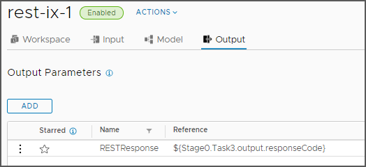 Depois de você adicionar um parâmetro de saída, a guia Saída exibe o nome do parâmetro adicionado e sua referência no estágio do pipeline e na tarefa.