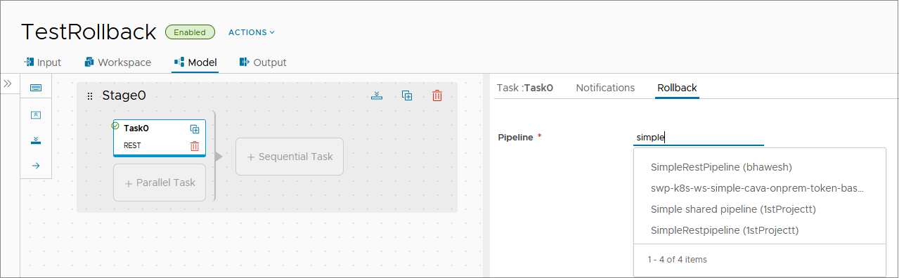 Ao adicionar um pipeline compartilhado para reversão, selecione o pipeline compartilhado e, se houver dois pipelines com o mesmo nome, use o nome do projeto para selecionar o desejado.