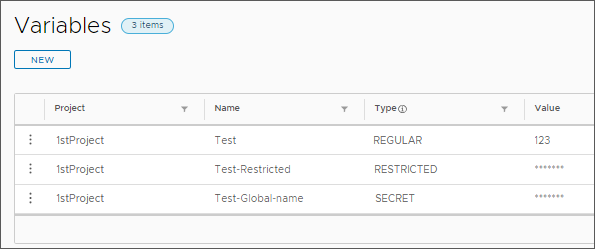 Variáveis no Automation Pipelines exibem o projeto, o nome e o tipo da variável e o valor das variáveis regulares.