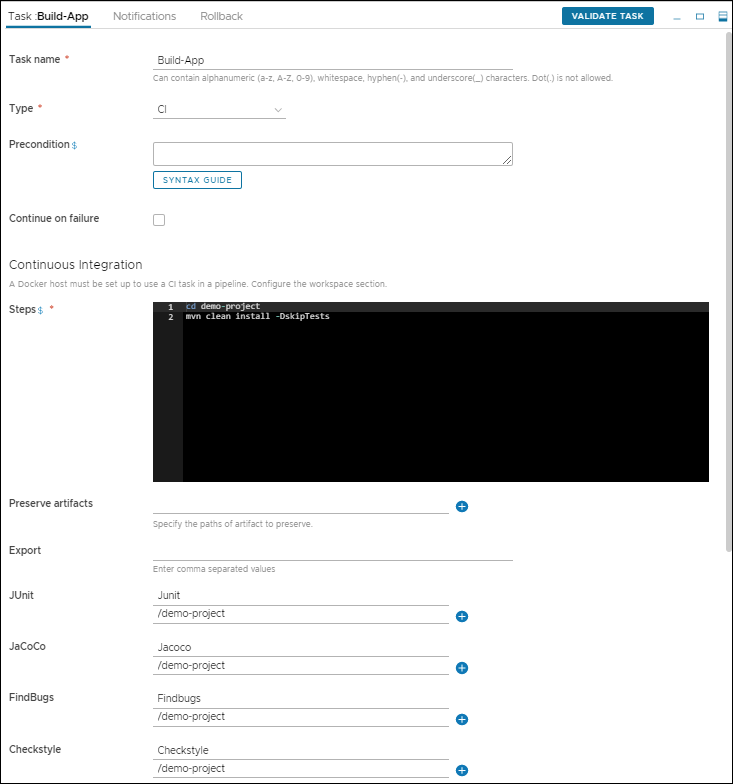 Para construir seu código, adicione as etapas na tarefa de CI.