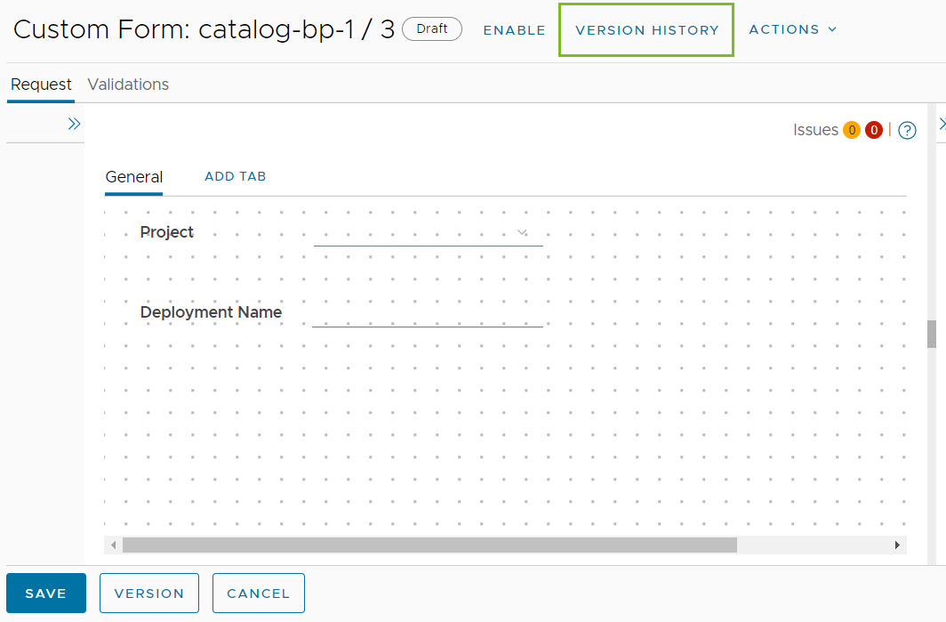 Controle de versão em um formulário personalizado no editor de formulários.