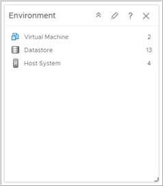 A captura de tela do widget lista duas máquinas virtuais, 13 datasores e quatro sistemas host.