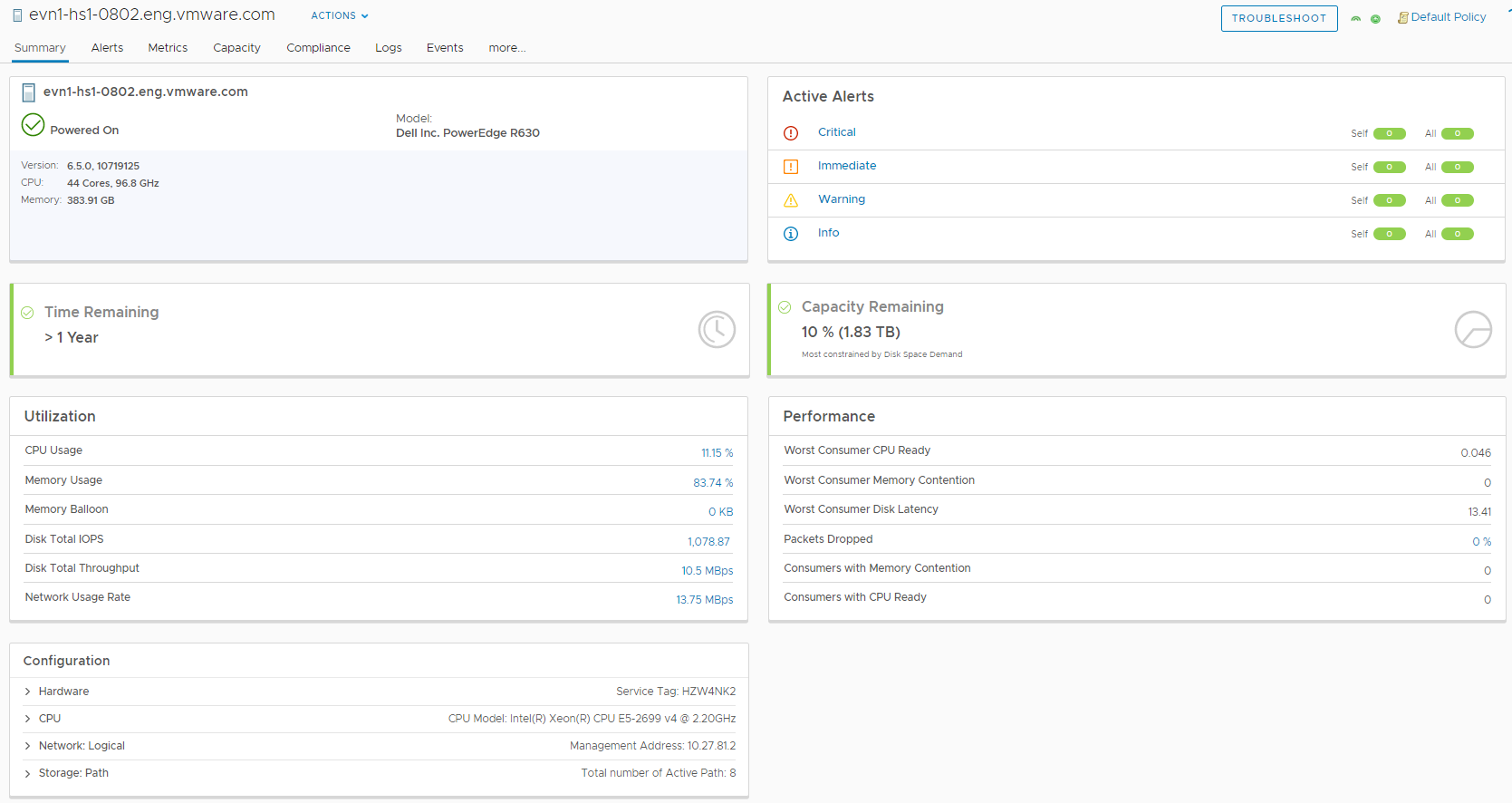 A captura de tela mostra o status do host selecionado. Use essa guia para identificar os alertas disparados para o host e iniciar a solução de problemas.