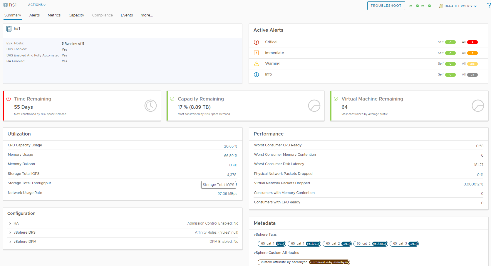 A captura de tela mostra o status do cluster selecionado. Use essa guia para identificar os alertas disparados para o cluster e começar a solucionar problemas.