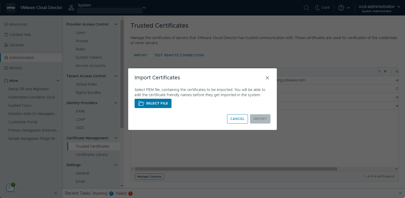 Você pode importar certificados confiáveis selecionando um arquivo PEM contendo os certificados a serem importados.