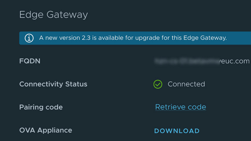 Mensagem informando que uma nova versão está disponível para atualização deste Edge Gateway