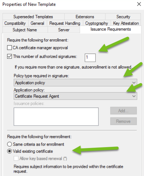 Captura de tela da guia Requisitos de Emissão com setas verdes apontando para as configurações-chave.