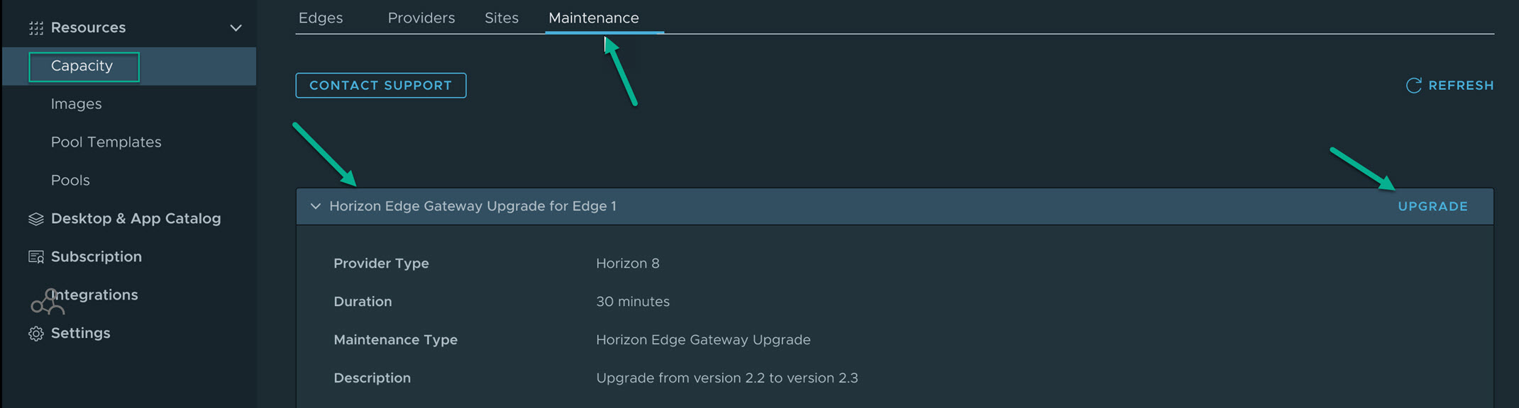 Selecione a opção Atualizar para o Edge Gateway especificado.
