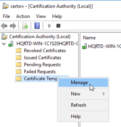 Captura de tela do menu Gerenciar na pasta Modelos de Certificado na ferramenta Autoridade de Certificação