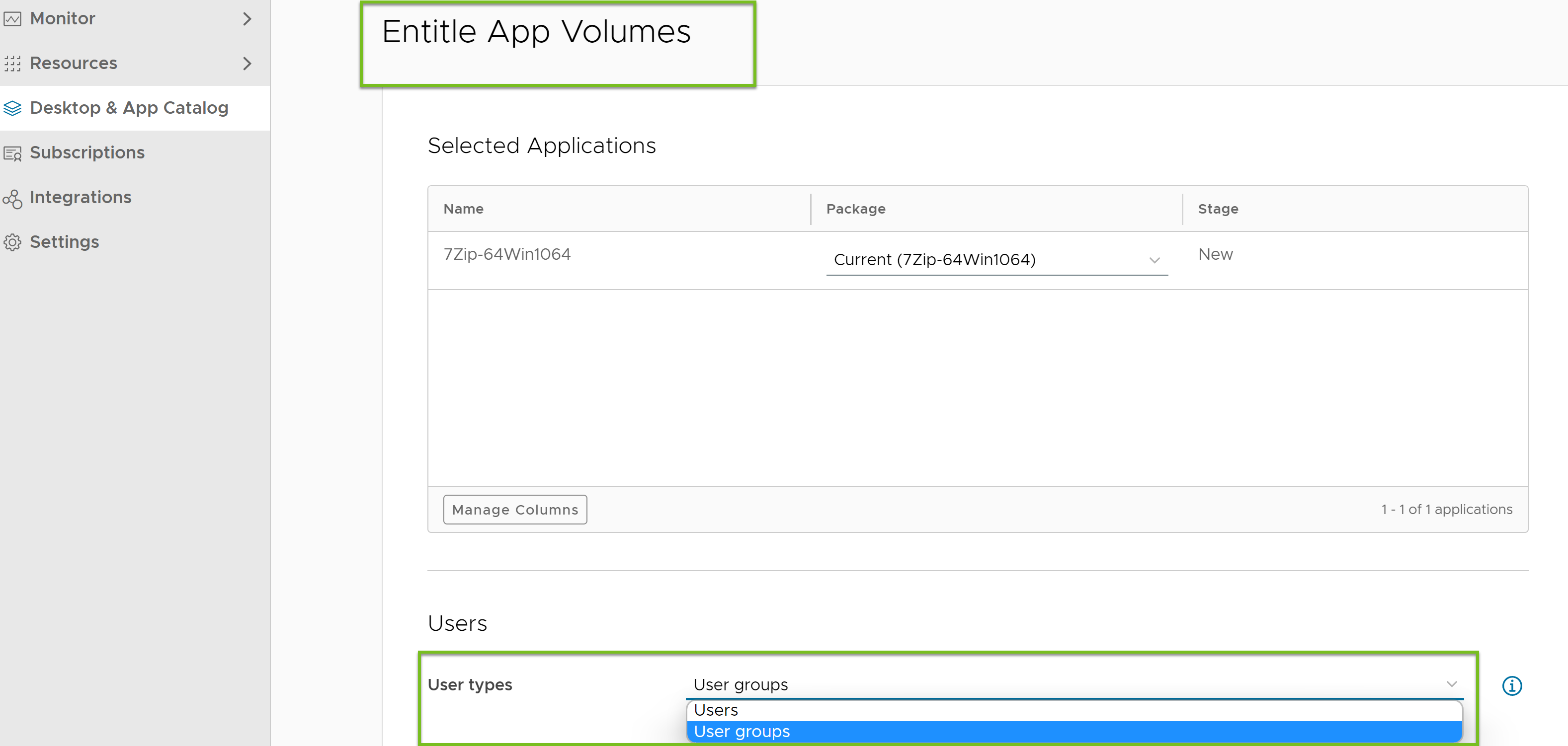 Insira um aplicativo do App Volumes para um dos tipos de usuário: Usuários ou Grupos de usuários.