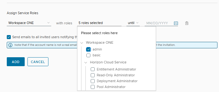 Captura de tela da funcionalidade Atribuir Funções de Serviço disponível no VMware Cloud Services Console