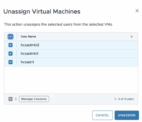 A caixa de diálogo Cancelar Atribuição de Máquinas Virtuais com uma lista de três usuários a serem desatribuídos das VMs.