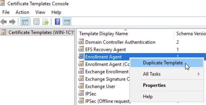Captura de tela do menu ativado com o botão direito do mouse em Agente de Inscrição e a opção de menu Duplicar Modelo