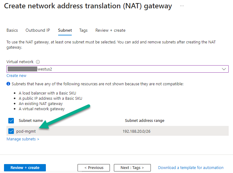 Captura de tela da etapa Sub-rede do assistente Criar gateway NAT.